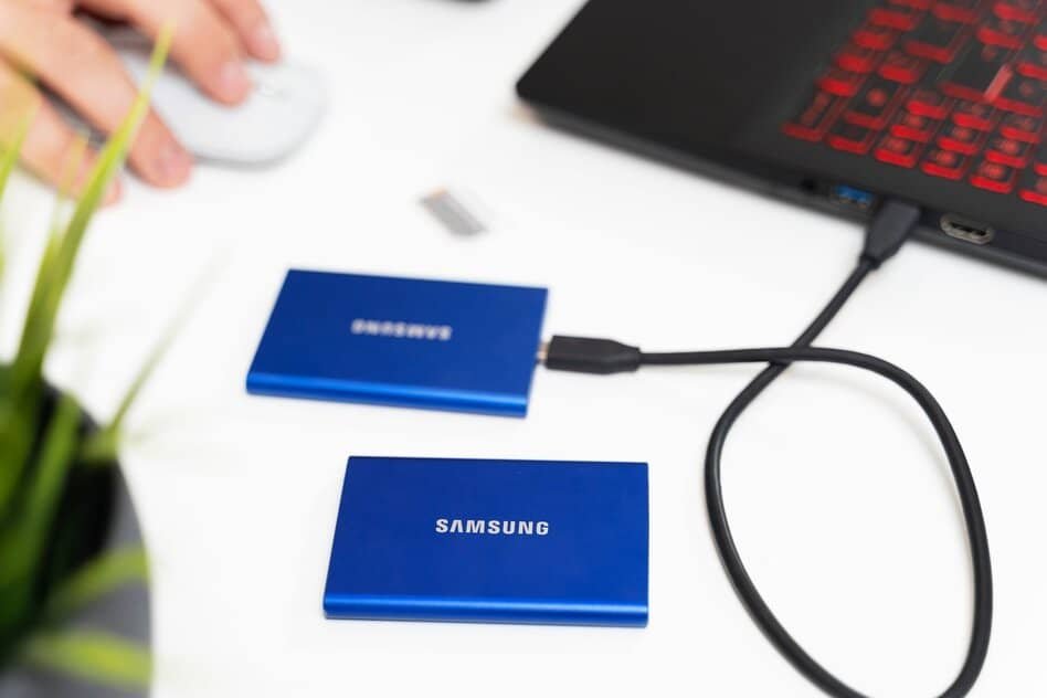 samsung portable hard drives connected to laptop computer