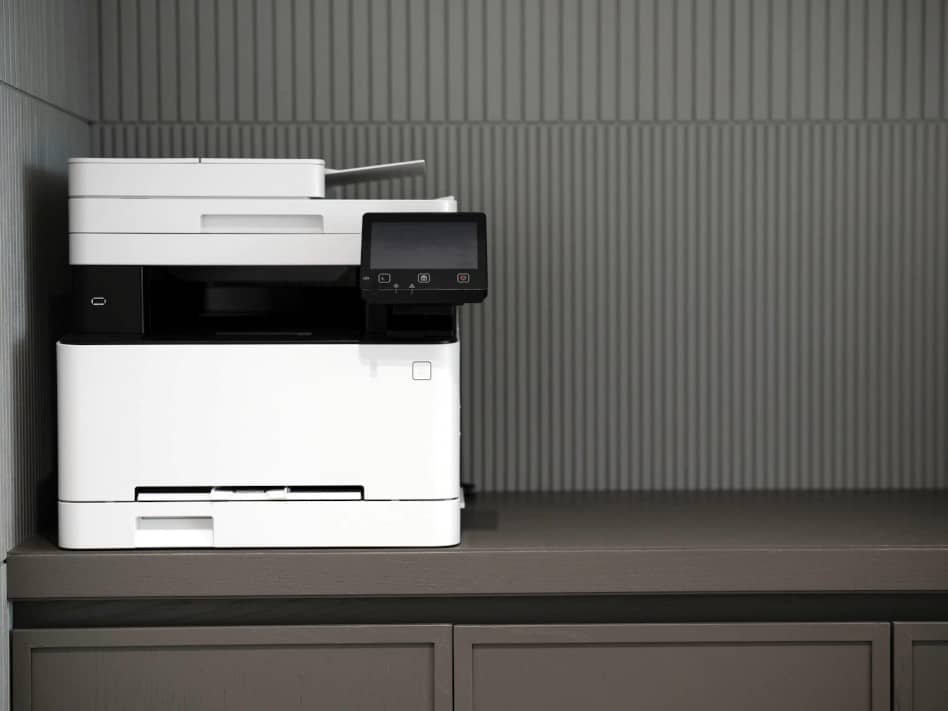 white office printer standind in the corner